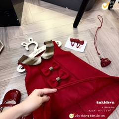 Bt773- Đầm dạ dạ đỏ 3 nơ bé gái 2 lớp chất mịn đẹp