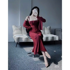 SET393- Set áo cadigan đỏ phối váy 2 dây đính hoa