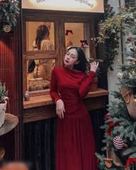 DAM130- 🏈Đầm đỏ lệch vai dài tay dáng xoè  chất tăm co giãn dài 120cm