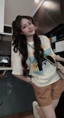 SET493-Bộ cộc  nữ áo thun suông Gc phối quần nỉ cộc