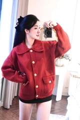 A414-Áo len cadigan đỏ cổ bẻ hàng nhà máy chuẩn