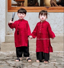 SETKID059- Set áo dài trai/gái đỏ quần lụa đen