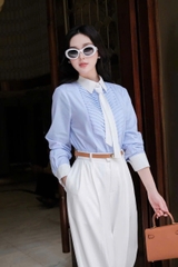 A140-Áo sơ mi nữ xếp ly chéo phối cavat rời 2 màu xanh hồng