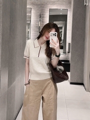 A679-Áo len thừng cộc tay trắng viền than và đỏ hàng nhà máy đủ tem