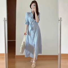 Dam121- Đầm suông kẻ xanh dáng dài kèm đai