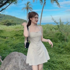 DAM009- Đầm be hai dây 2 lớp dáng xoè cúc cổ lưng