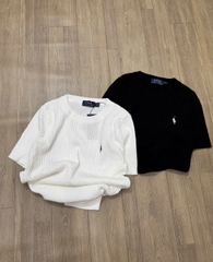 A481- Áo len dệt kim cộc tay cổ tròn thêu ngựa 2 màu đne trắng hàng nhà máy đủ tem