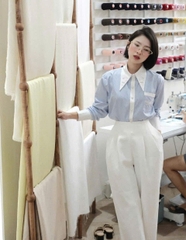 A201-Áo sơ mi kẻ xanh cổ thêu tay hàng thiết kế