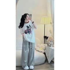 SET472-Bộ áo cotton CÚN in lụa mix quần kẻ suông dài 100cm