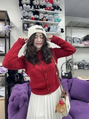 A356-Áo len đỏ cadigan thừng thêu gấu