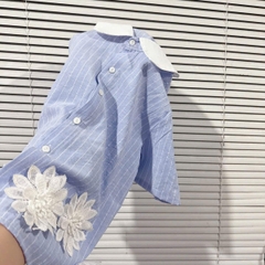 SET578- Set kẻ xanh cộc đính hoa nổi viền ren chân chất kẻ mát