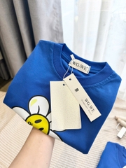 A497-Áo thun đôi mẹ con màu xanh dương hoa trắng