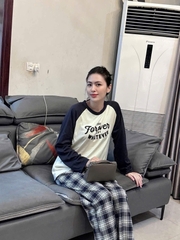 Set73-Set mặc nhà áo phối đen trắng quần kẻ