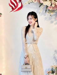 set353- Set áo tơ hoa thêu nổi phối chân váy dập ly dáng dài sang chảnh