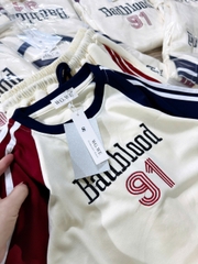 Set870-Bộ cotton nỉ màu be thêu chữ BLOOD áo cộc quần dài