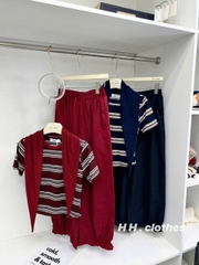 SET807-set áo tăm len kẻ xanh-đỏ mix quần gió dáng baggy