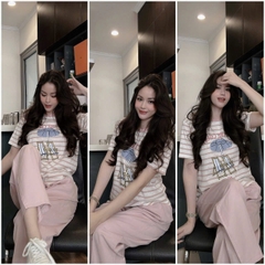 Set716- Set COAST hồng kẻ mix quần bom gió