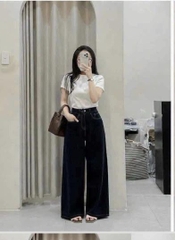 QUAN118- Quần JEANS suông đậm gấu bản to mác da