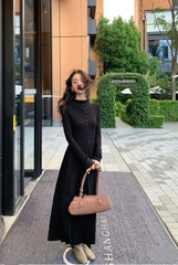 Dam185- Váy midi đen dài phối cúc cộc tay