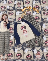 SET1072- Set cố gái KHÓC áo be phối be mix quần kẻ