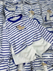 Set706- Set áo thun xước dài tay kẻ xanh phối quần short
