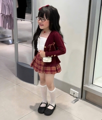 Setkid01- Set váy bé gái màu đỏ cúc đồng thiết kế CV có lót