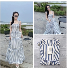 DAM082- Đầm kẻ xanh dây nơ vai dáng dài Quảng Châu