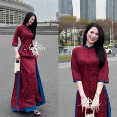 SET753- Bộ áo dài truyền thống gấm lụa xanh đỏ cúc tàu