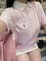 A380-Áo len thừng màu hồng thêu ngực dày dặn full tem hàng nhà máy