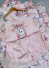 Set689- bộ lụa mèo kitty viền ren 2 dây màu hồng