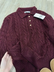 A334-Áo len thừng màu đỏ đô cổ bẻ