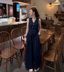 SET1014- Set áo đũi linen sát nách phối quần suông xanh than
