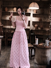 SET998- Set áo 2 dây hồng có sẵn đệm ngực phối quần suông chấm bi