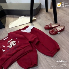 Bt758- Bộ nỉ đỏ viền ren trắng đính gấu nổi chất nỉ hai da cao cấp