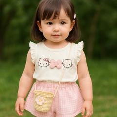 Bt585- Bộ dây kitty kèm quần  bí kẻ hồng tặng túi cói