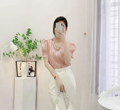 Áo sơ mi tơ viền ngọc tay bồng 3 màu