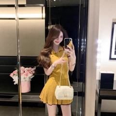 SET720-Set áo len cộc thêu phối chân váy xoè thể thao 2 màu vàng trắng