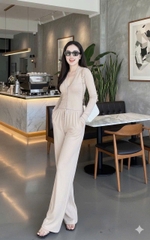 Set786- Set áo díp lông thỏ cổ V phối quần suông dài màu nâu