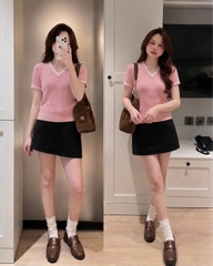 a663-Áo len thừng cộc tay 3 màu xanh hồng trắng
