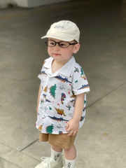 BT319- Bộ áo sơ mi khủng long mix quần nâu kaki co giãn bé trai