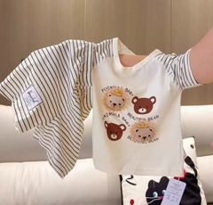 BT822- Bộ áo thun kẻ phối quần short hình gấu nhồi bông cho bé 8-25kg