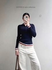 A475- Áo len cổ đức phối tay sọc dáng ôm cúc trước 2 màu xanh-ghi