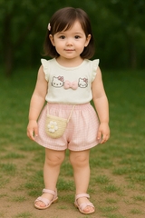 Bt585- Bộ dây kitty kèm quần  bí kẻ hồng tặng túi cói