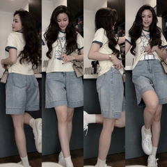 Set600- Set áo thun suông bo viền phối quần short jean
