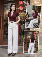 Set865- Set áo thun đỏ cúc phối quần jean trắng suông nổi bật