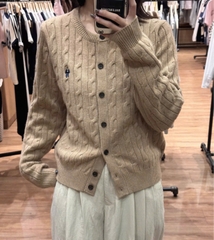 A351- Áo len cadigan vặn thừng thêu Gấu màu nâu