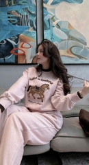 Set836- Set nỉ lông thỏ màu hồng phối viền đen hình ngựa