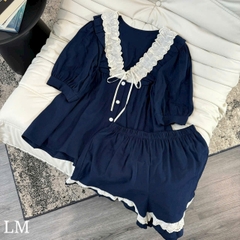 SET490-Bộ cộc  đũi tằm màu than viền ren cạp chun