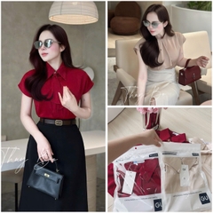 ☘️A304-  ÁO SƠ MI GU LUA TAY LIỀN MIX NƠ CỔ 🌿