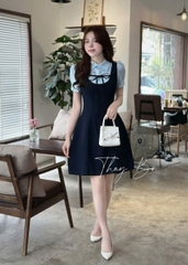 Dam174- Váy xoè ngắn đen phối tay sơ mi kẻ đính nơ